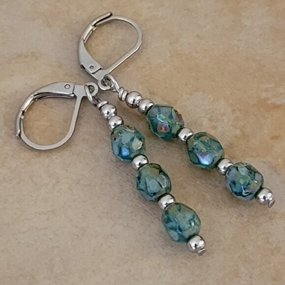 Picasso GREEN 6mm Czech Crystal Earrings Stainless Steel Leverback Artisan - Picture 3 of 5